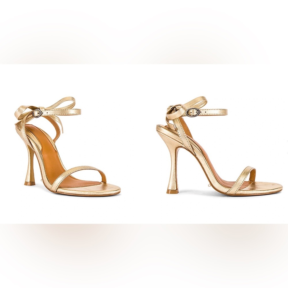 NIB: JAGGAR Bow Sandal Heels with Ankle Strap In Gold Metallic; Size 39 (US 8)